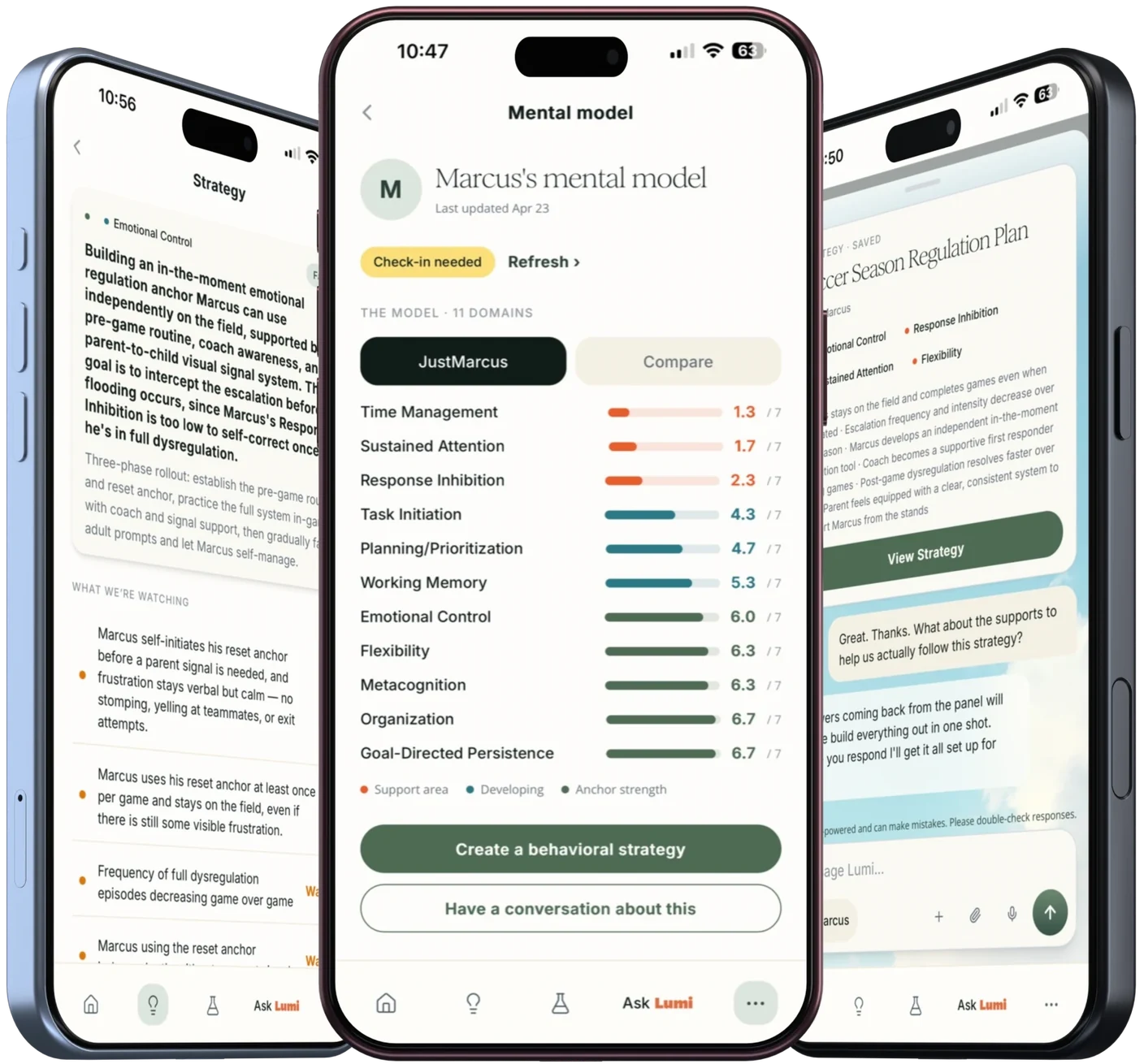 Lumi coaching, family insights and strategies shown on three phones